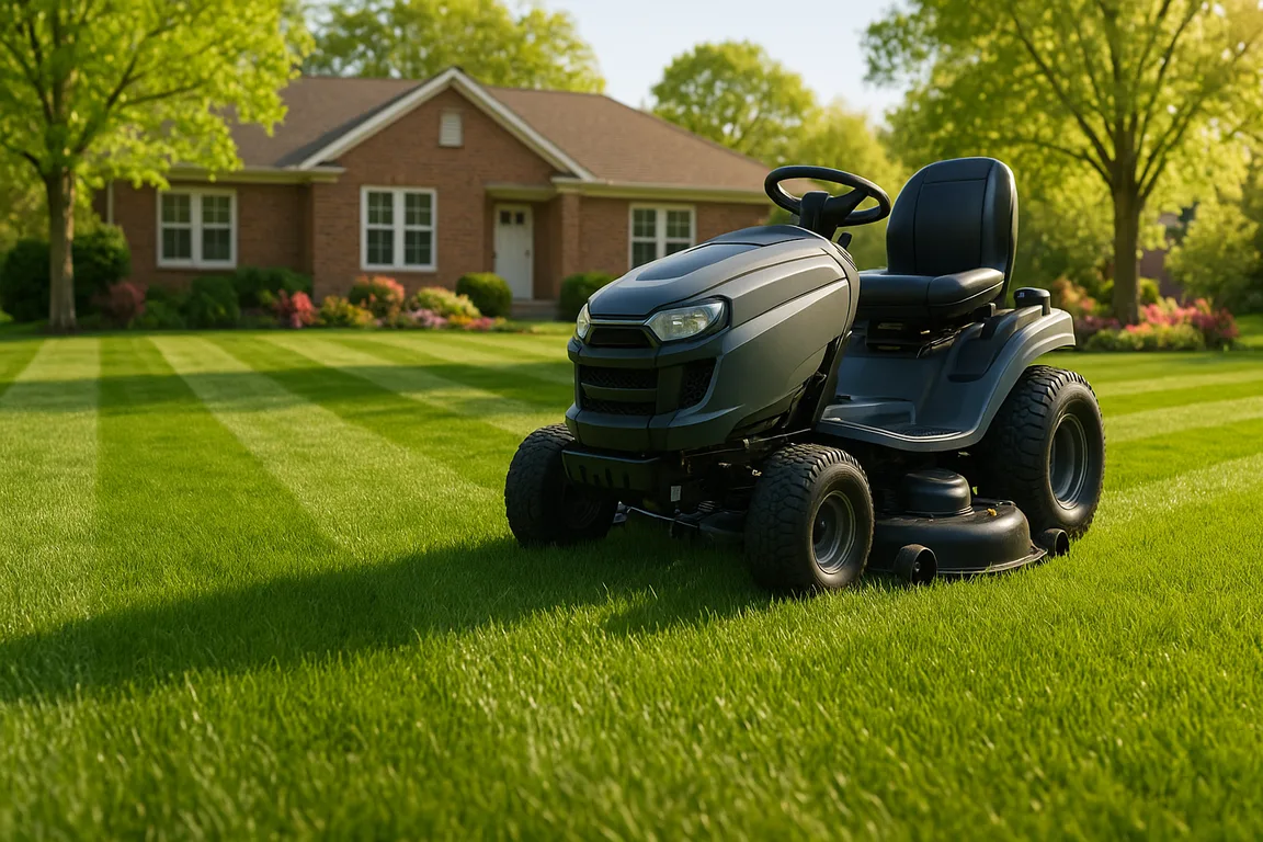 Riding lawn mower on a freshly striped green lawn in front of a brick house