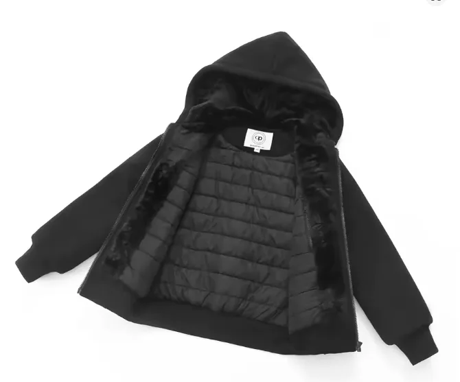 Black hooded jacket laid open to show its quilted lining