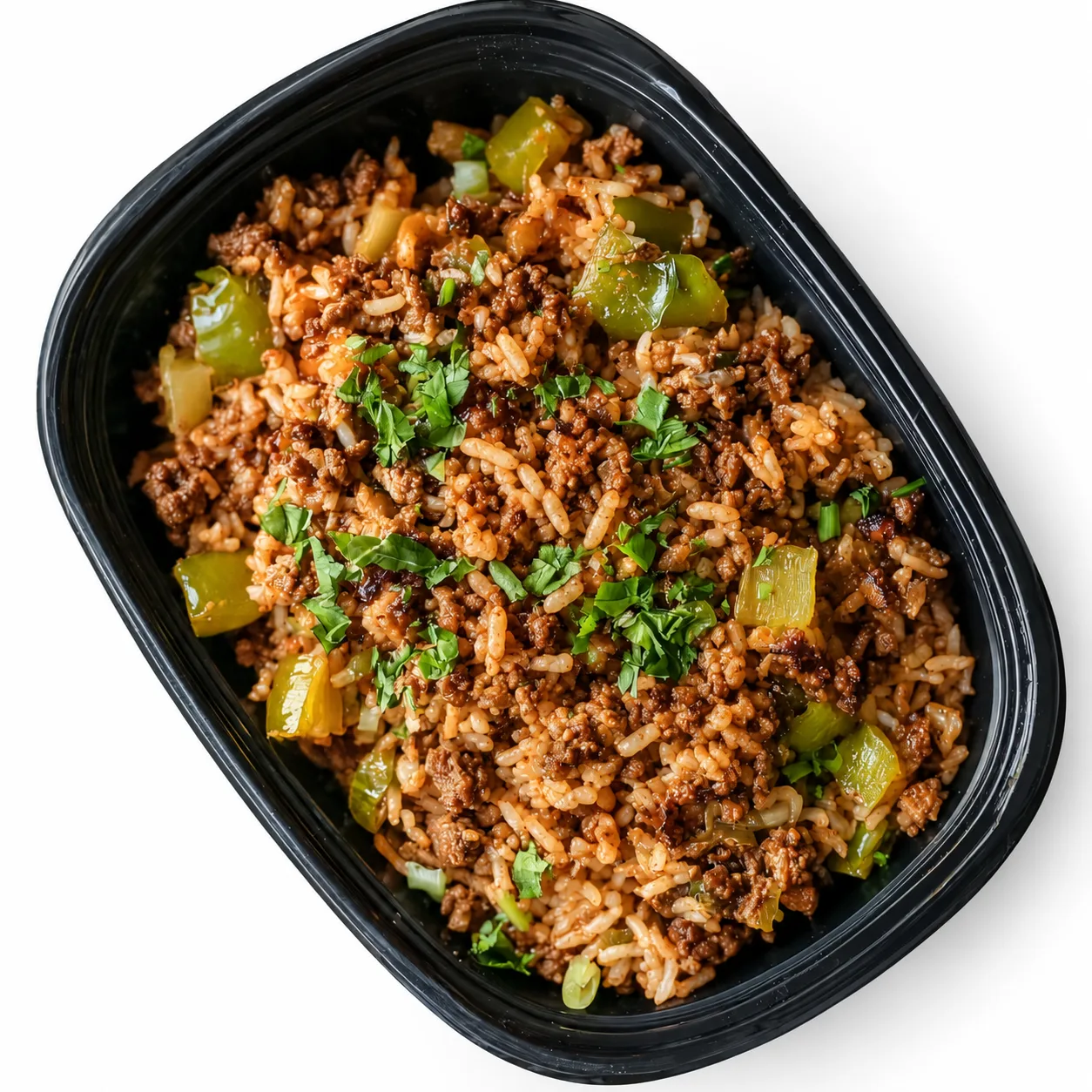Black container of rice with ground beef, green peppers and herbs